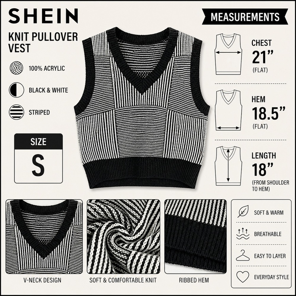 SHEIN Black White Geometric Patchwork Knit Sweater Vest V-Neck Striped Small - Picture 2 of 14